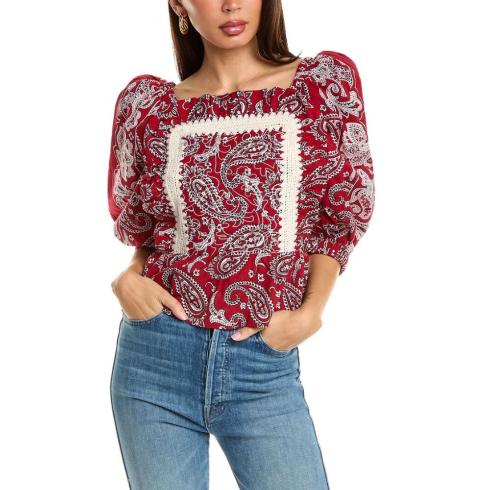 Sea Women's Size Small Red Theodora Paisley Print Puff Sleeve Blouse Top